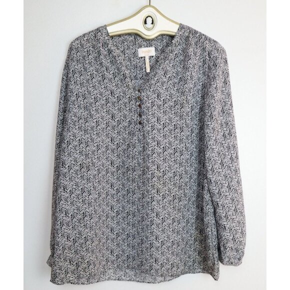 BLACK & IVORY PRINT SILKY TEXTURED LONG SLEEVE TOP - LAUNDRY BY SHELLI SEGAL - L - Picture 1 of 5
